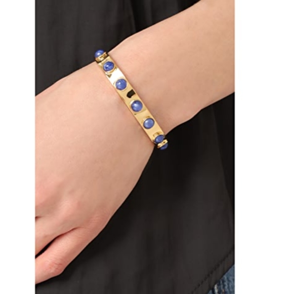 kate spade Gold Tone Tag Along Cuff Bracelet With Blue Inset Round Stones NWT - Picture 4 of 8